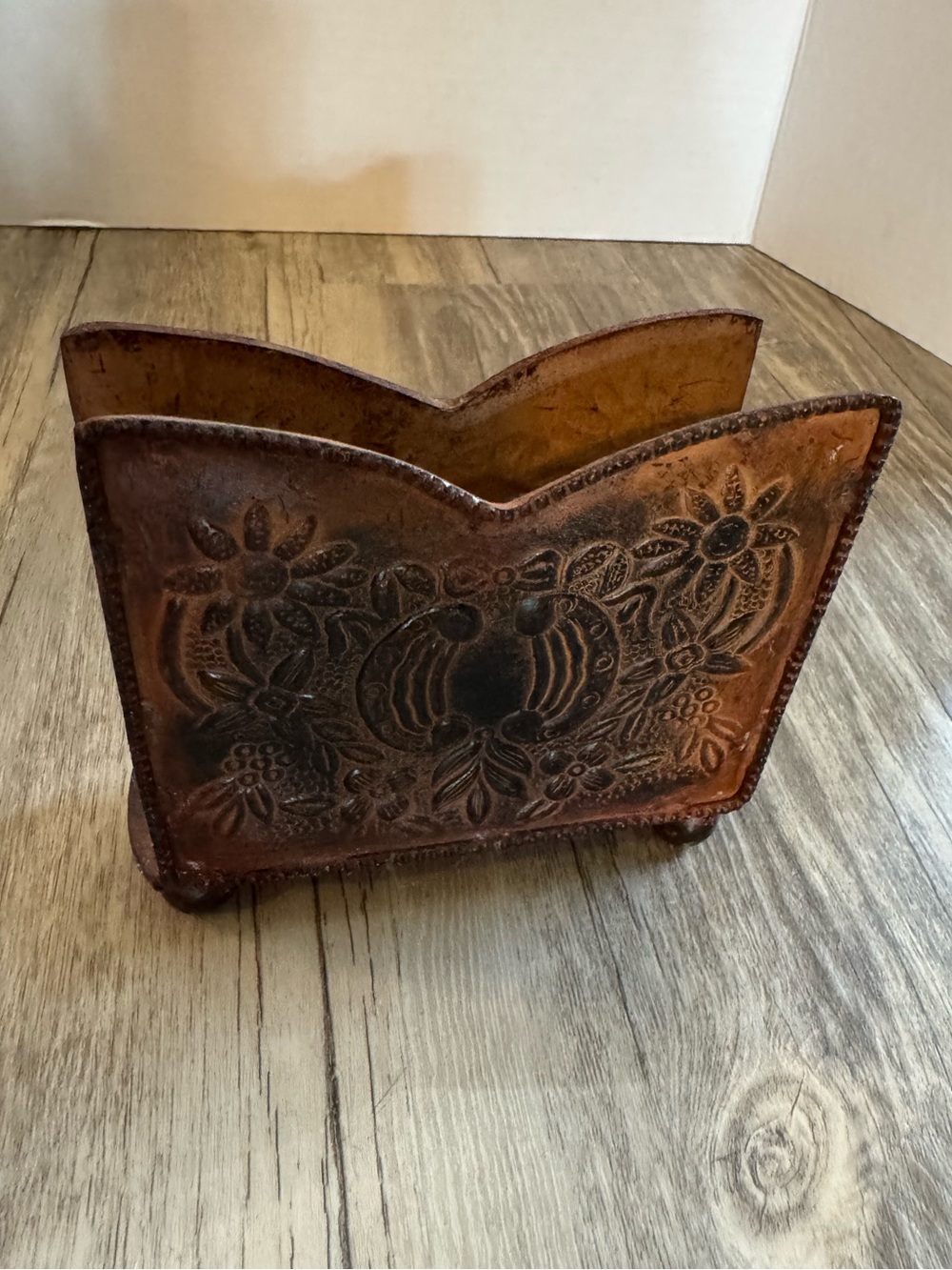 Vintage Rustic Metal Napkin or Letter Holder Floral Etched Weathered Patina